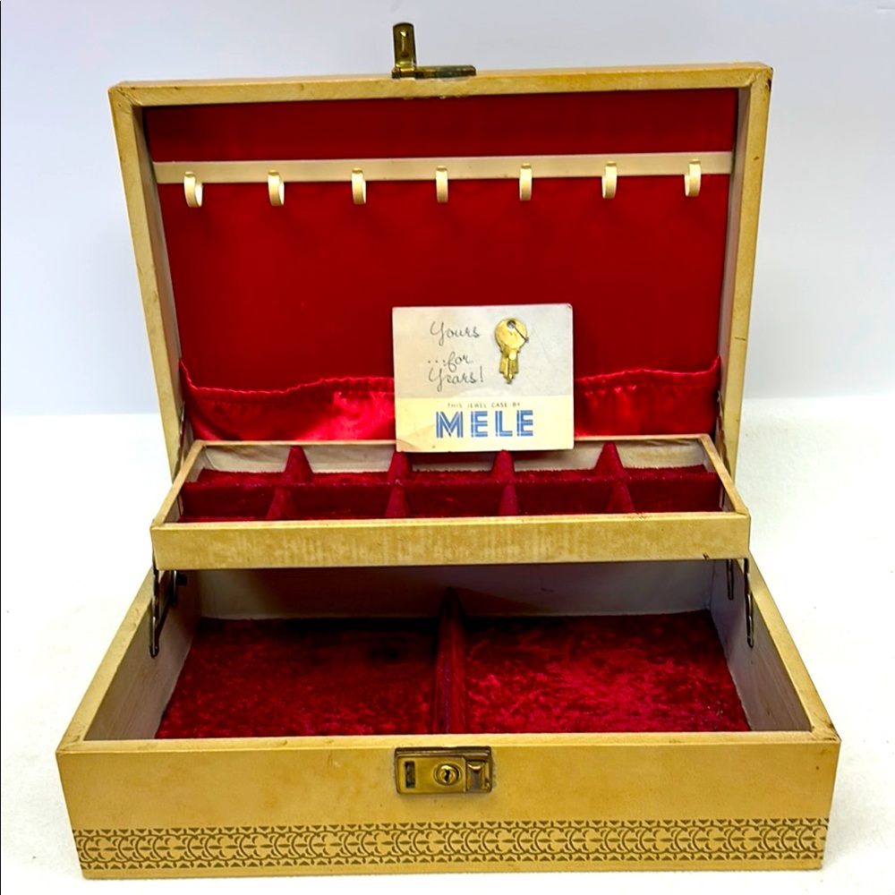 Vintage MELE  2 tiered hinged lid jewelry box with original key